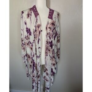 Lane Bryant Floral Kimono Cardigan Sheer Open Front Lace Trim‎ Plus One Size